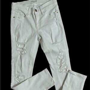 Frame Denim Le Skinny de Jeanne White Women,s 24 Distressed Stretchy Skinny